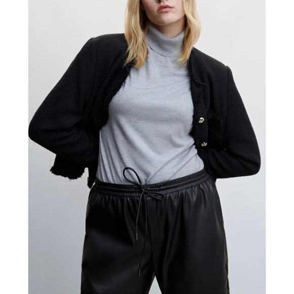 MANGO Womens Faux Leather Pants Large Black Tapered Leg Drawstring Waist Pull On - Picture 12 of 16